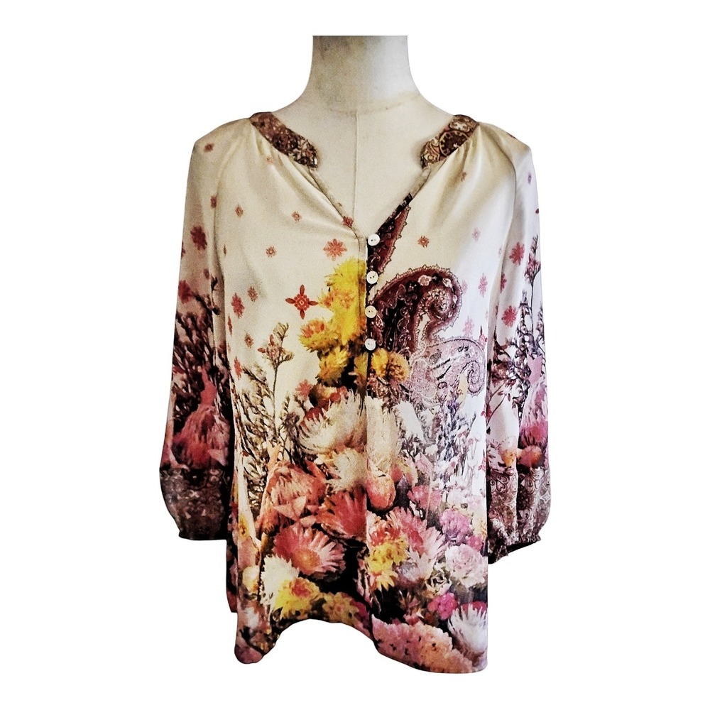 Fig & Flower Semi Sheer Abstract Button Down Blouse Size Small